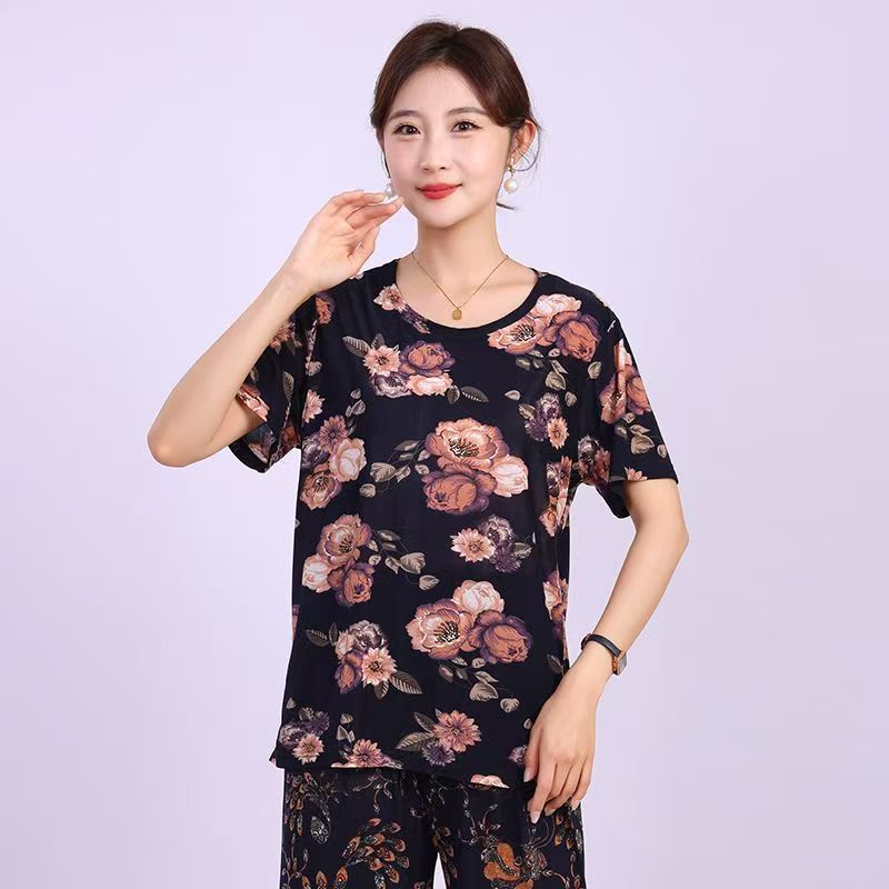 Picture of Middle-aged summer short-sleeved women's T-shirt mother outfit for the elderly loose elastic casual round neck plus size ice silk wholesale