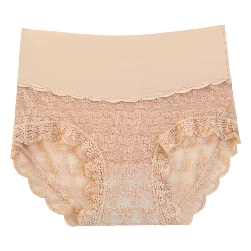 Ice Silk high waist belly contracting hip lifting underwear women's lace sexy seamless summer pure cotton plus size briefs breathable thin