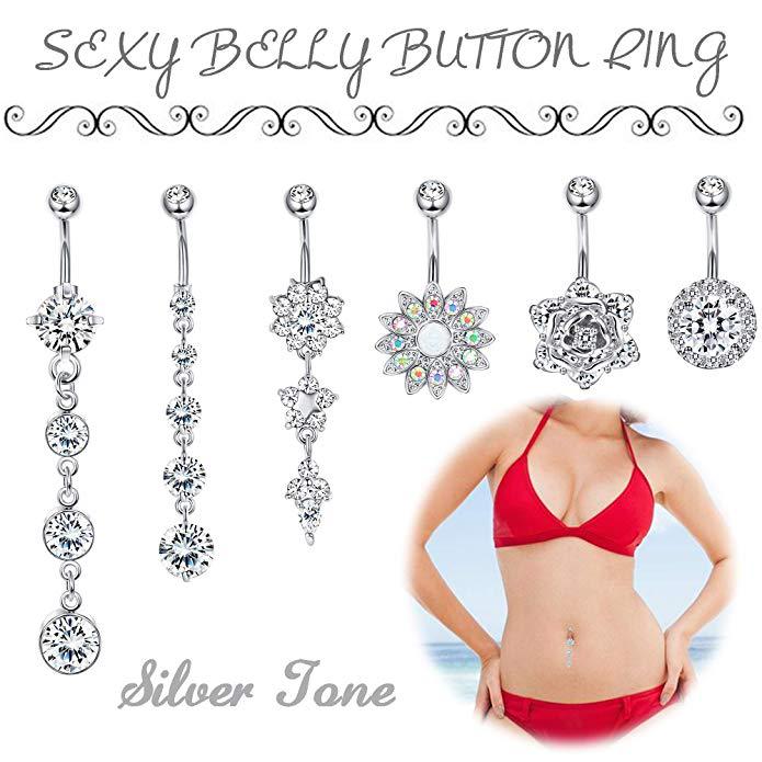 Picture of Amazon Explosions 6-piece Stainless Steel Zircon Silver Belly Button Ring Set Body Puncture Jewelry Wholesale