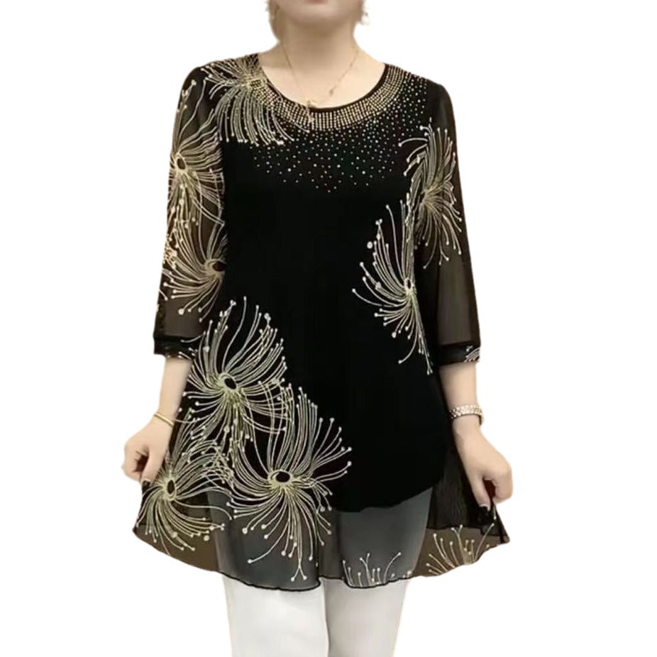 Picture of 2024 Spring and Summer Fashion Seven-point Sleeve Mesh T-shirt Small Shirt for Middle-aged and Elderly Mothers Summer Dress Round Neck Half Open Neck Hollow