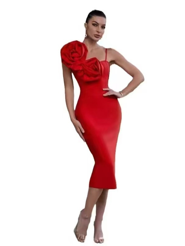 European and American Cross-border Bandage Dress Women's Sexy Sling Sling Three-dimensional Flower Elegant Bandage Dress
