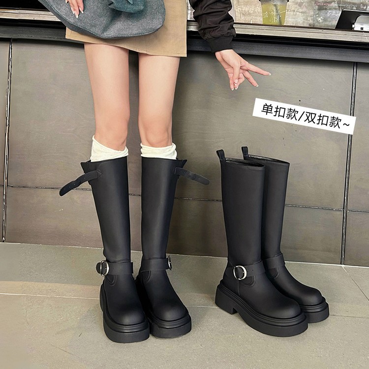 Belt Buckle but Knee Long Boots Women's 2024 Autumn and Winter Round Toe All-match Thick Bottom Increased Black High Knights Boots