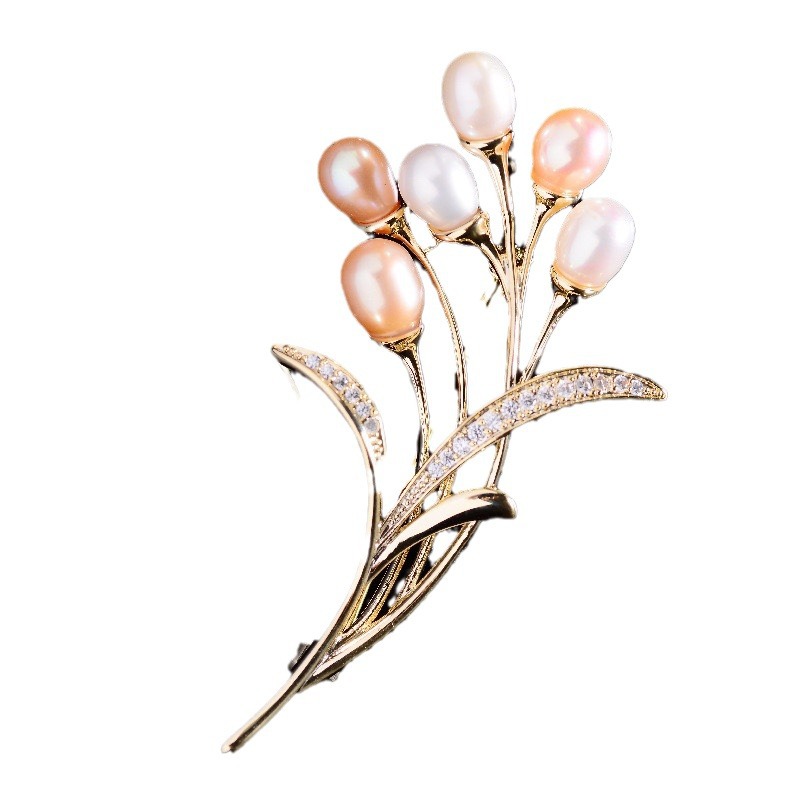 Picture of New style natural pearl bouquet copper brooch high sense female niche design pins Korean fashion chest ornaments wholesale