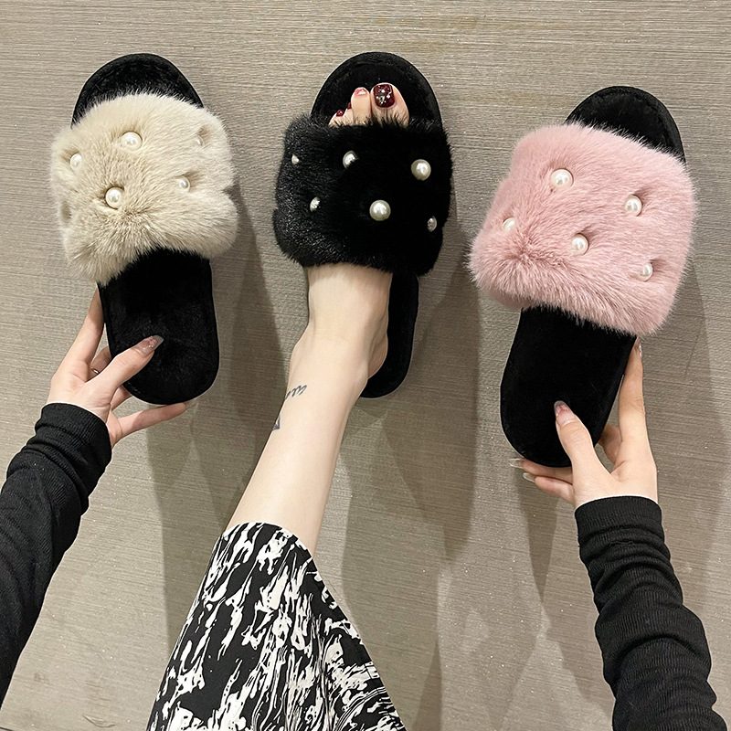 Foreign Trade New Maomao Flat Slippers Women's Fashion One-Word Slippers Home Big Fur Pearl Open Cotton Slippers Cross-Border