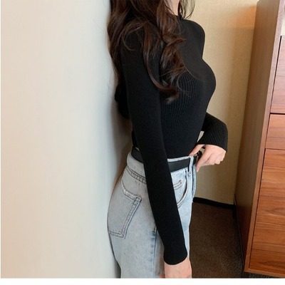 Cored yarn half turtleneck spring and autumn solid color thin knitted warm candy color all-match Western style bottoming sweater for women