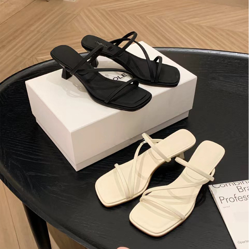 Grape Mom Island Night Breeze ~ French Tipped Fairy Style Square Head Slimming High Heel Sandals for Women's Summer Outer Wear