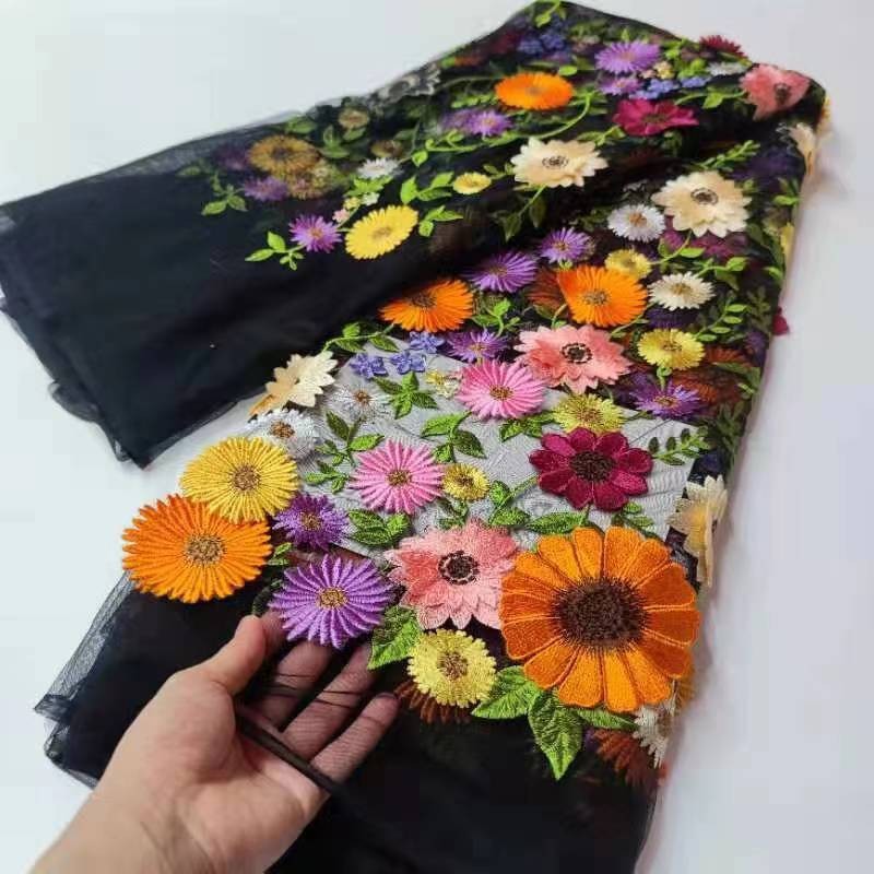 Picture of National cheongsam 3D three-dimensional floating flower mesh embroidery lace fabric unilateral sunflower dress dress fabric
