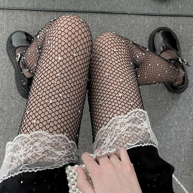Summer new net red women 2022 sexy bottoming bright diamond pantyhose fishing net black silk socks Diamond Socks