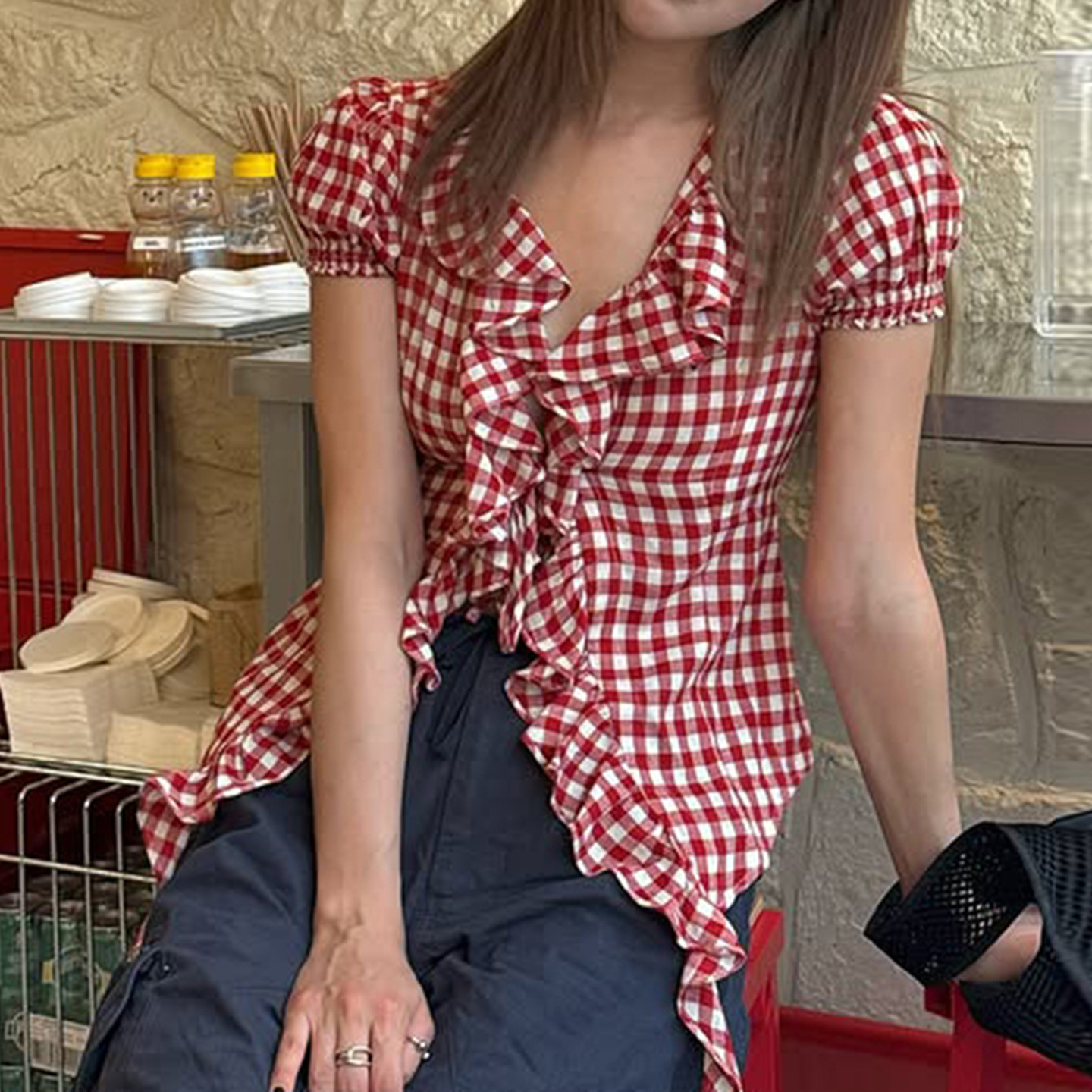 Picture of French Retro Red Plaid Shirt Top Cross-Border Women's Ruched Ruffle Tie Puff Sleeve Short-Sleeve T-Shirt