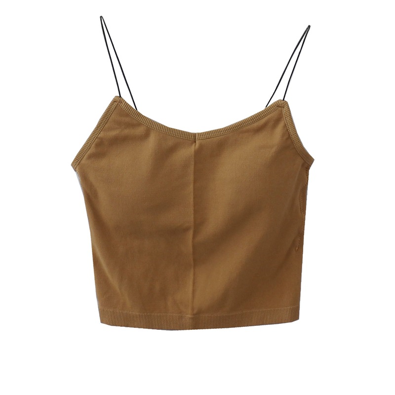 Summer New Style Simple Style Solid Color V-neck Short Slim Fit Fixed Cup with Chest Pad Sling Backless Base Shirt Top