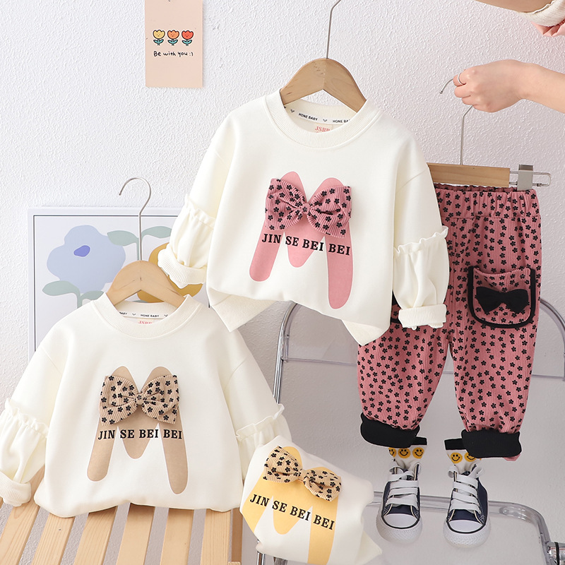 Picture of Korean style spring fashion baby fried street spring clothes idea big bow long sleeve suit trendy girls' long sleeve two-piece suit