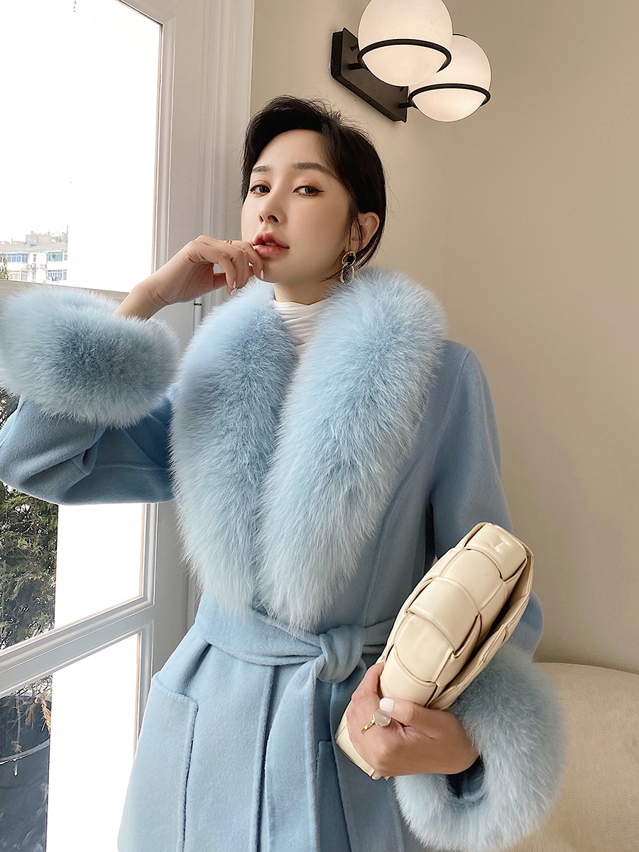 Picture of Australian wool double-sided cashmere three-dimensional skirt fox fur collar mid-length slim-fit princess pink woolen coat all-match