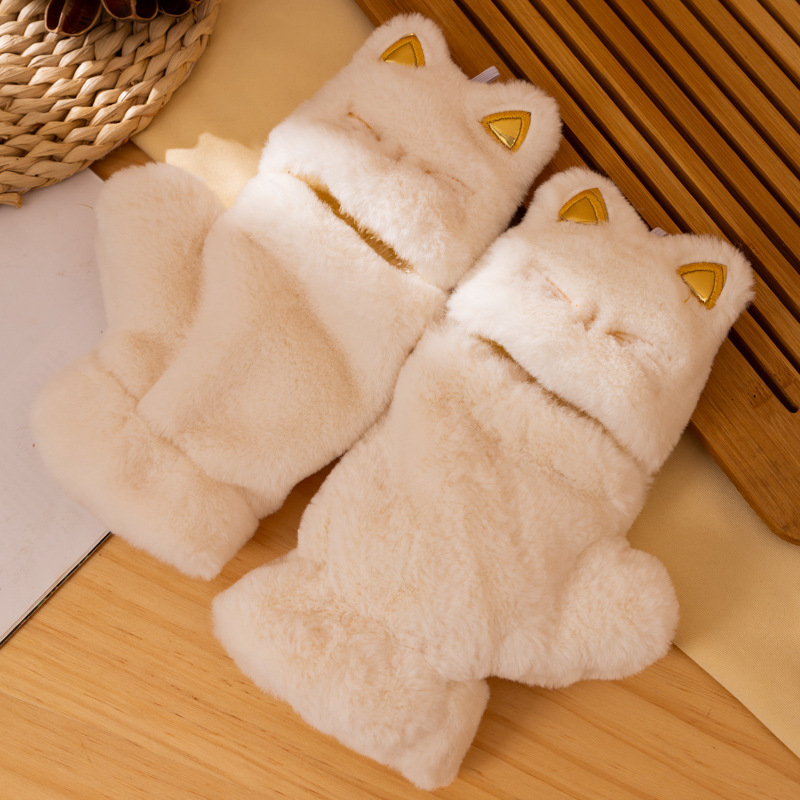 Picture of Korean version of warm cotton gloves ladies winter cute cycling students thickened velvet half finger students flip cartoon fashion