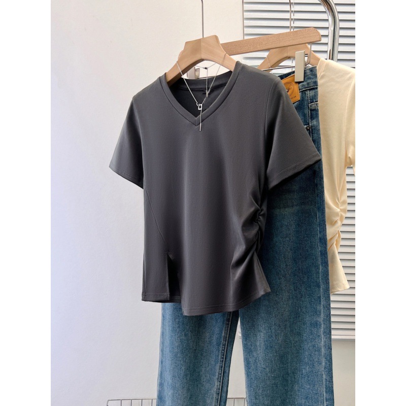 Picture of Niche Design Sense Solid Color Split Hem Short-sleeved T-shirt Women's Summer Outer Wear Slim-fit Base Shirt Short-sleeved Top