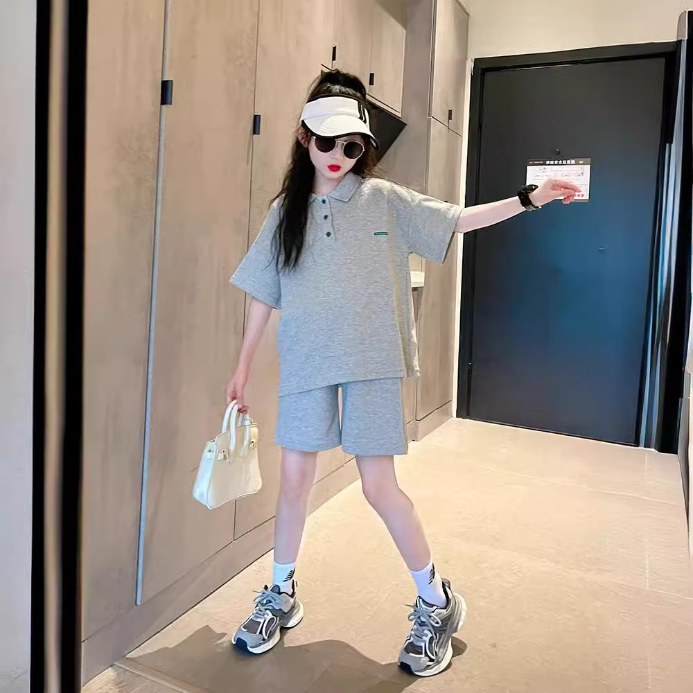 Girls' suit Korean-style Casual Summer Children's POLO Shirt Short-sleeved Student Loose Five-length Pants Two-piece Set