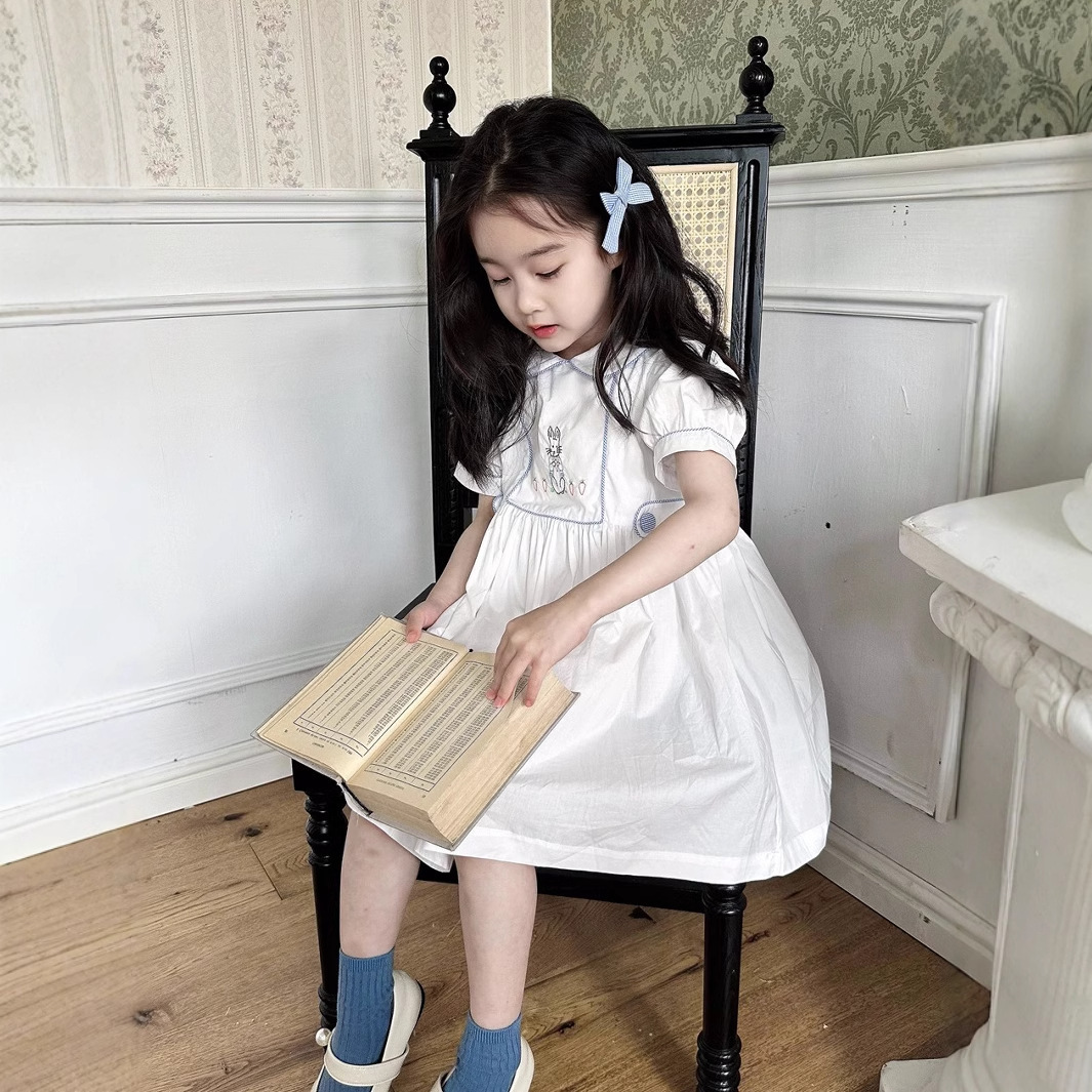 Girls dress summer new academic style doll collar embroidery short sleeve princess skirt children a generation of hair