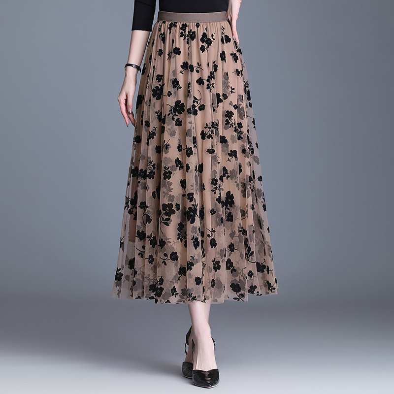 Picture of Double-sided Flocking Mesh Skirt Women's Slimming Mid-length New Spring High Waist A- line Skirt Pleated Skirt Large Swing