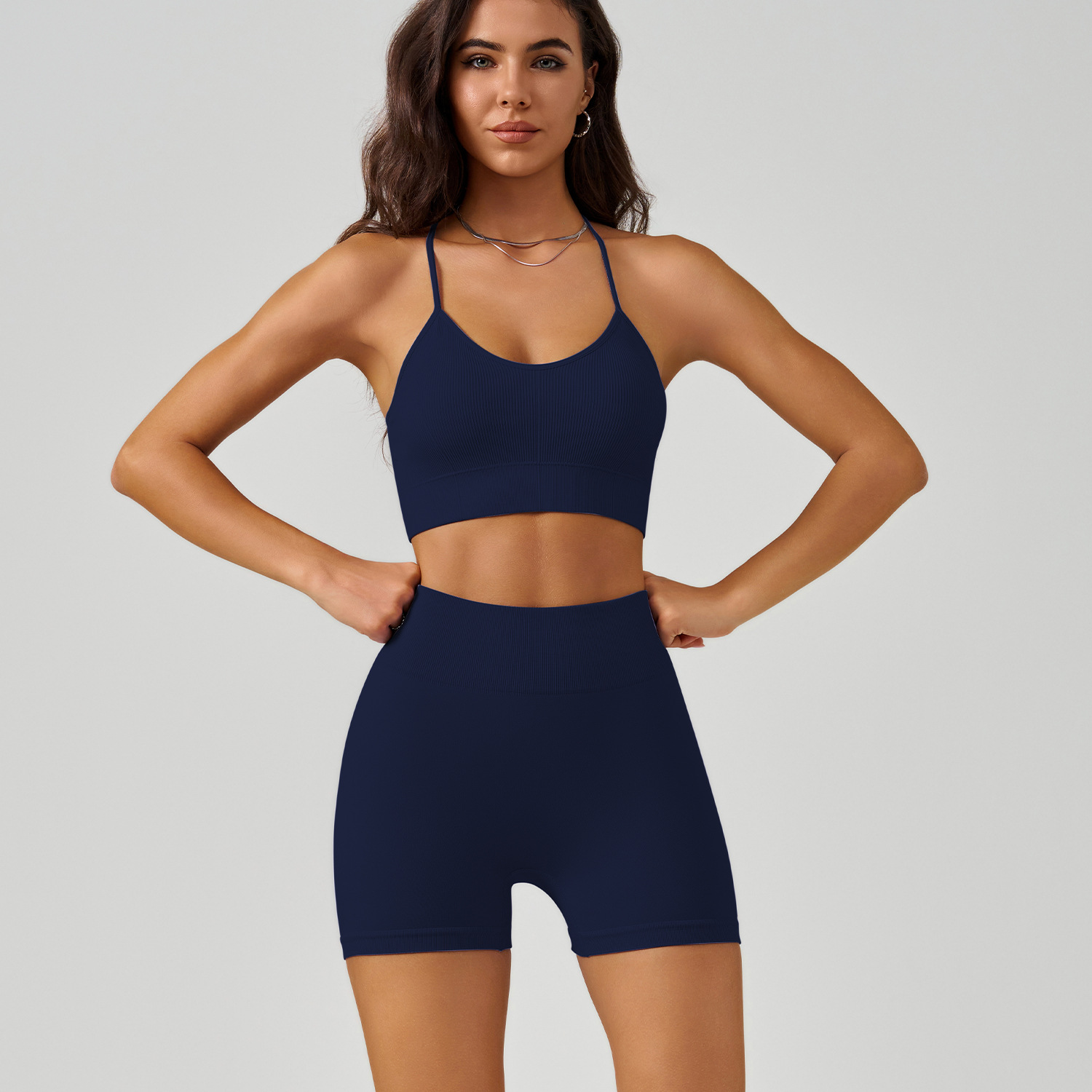Picture of Cross-Back Yoga Vest suit Thin Shoulder Strap Sports Bra High Waist Belly Peach Hip Yoga Shorts
