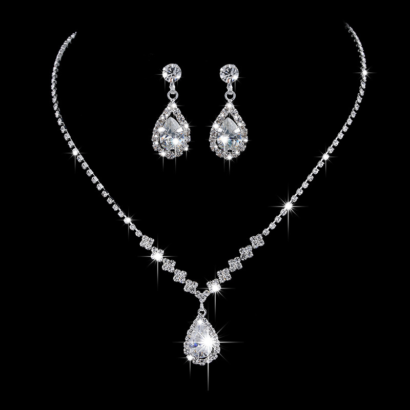 Brilliant Full Diamond Zircon Water Drop Necklace Earrings Bridal Wedding Jewelry Shooting Jewelry Set Ear Clip Style