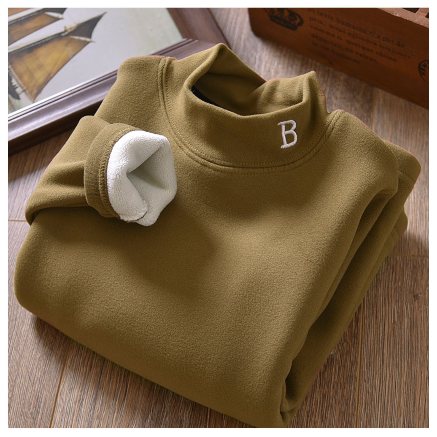 Picture of Boy's velvet autumn and winter half turtleneck warm clothes winter fleece-lined thickened medium and large children's solid color bottoming shirt boy