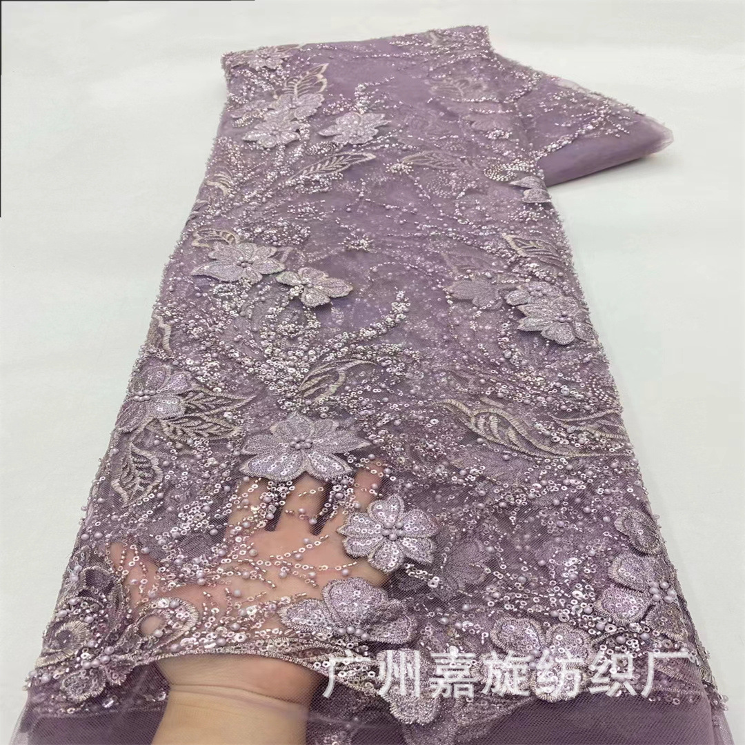 European and American heavy industry beaded tube embroidery peony sequins embroidery mesh fabric high-end wedding dress embroidery fabric JX4252