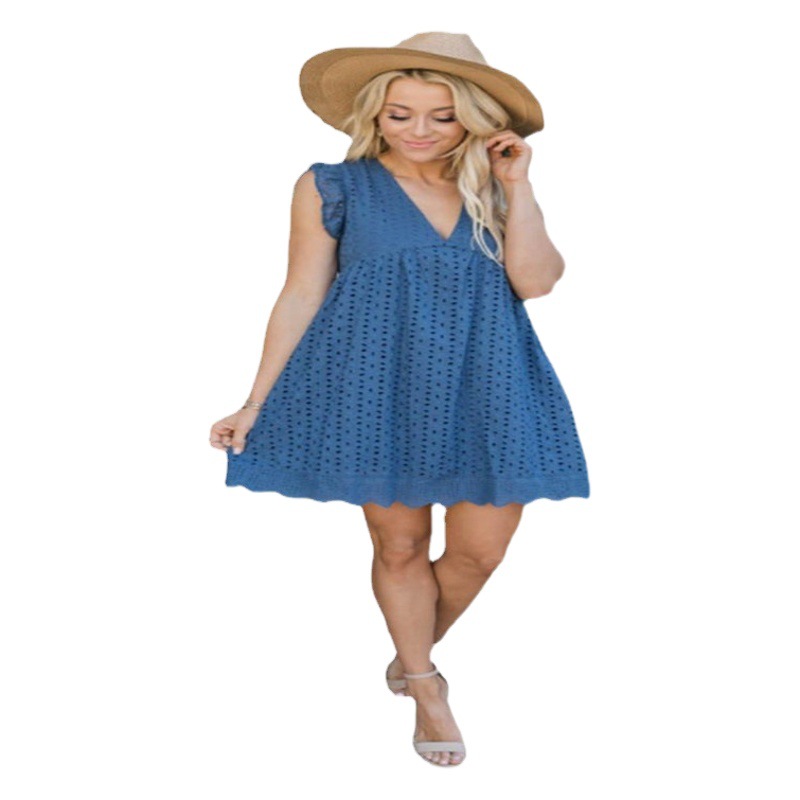 2022 Amazon European and American Clothing Lace Jacquard Cut Out V Neck Dress