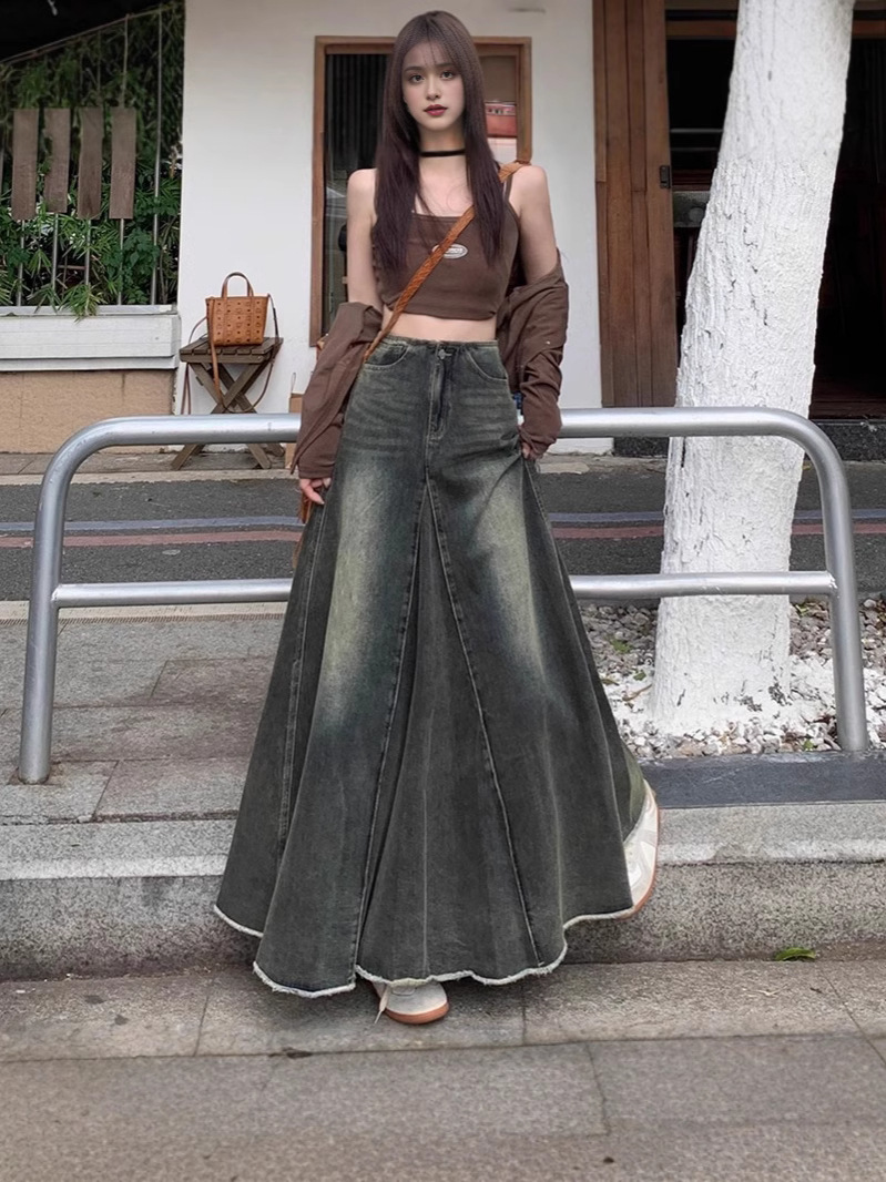 American Style Cement Grey Design Sense Denim Fishtail Skirt Autumn and Winter Mid-length Skirt High Waist Slim A- line Long Skirt