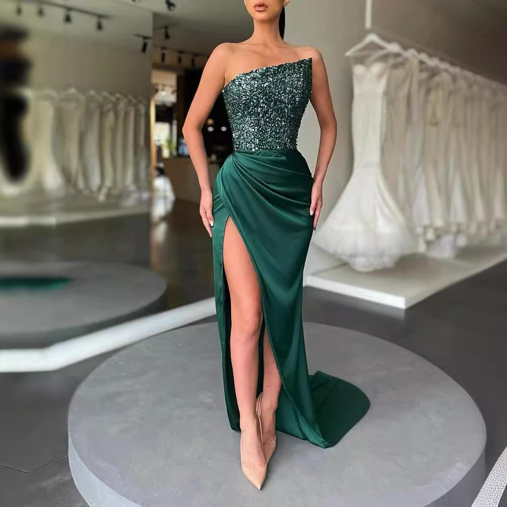 2025 Cross-Border Export New Green Sequin Fairy Long Sleeveless Fashionable One-Piece Elegant Mid-Length Evening Dress