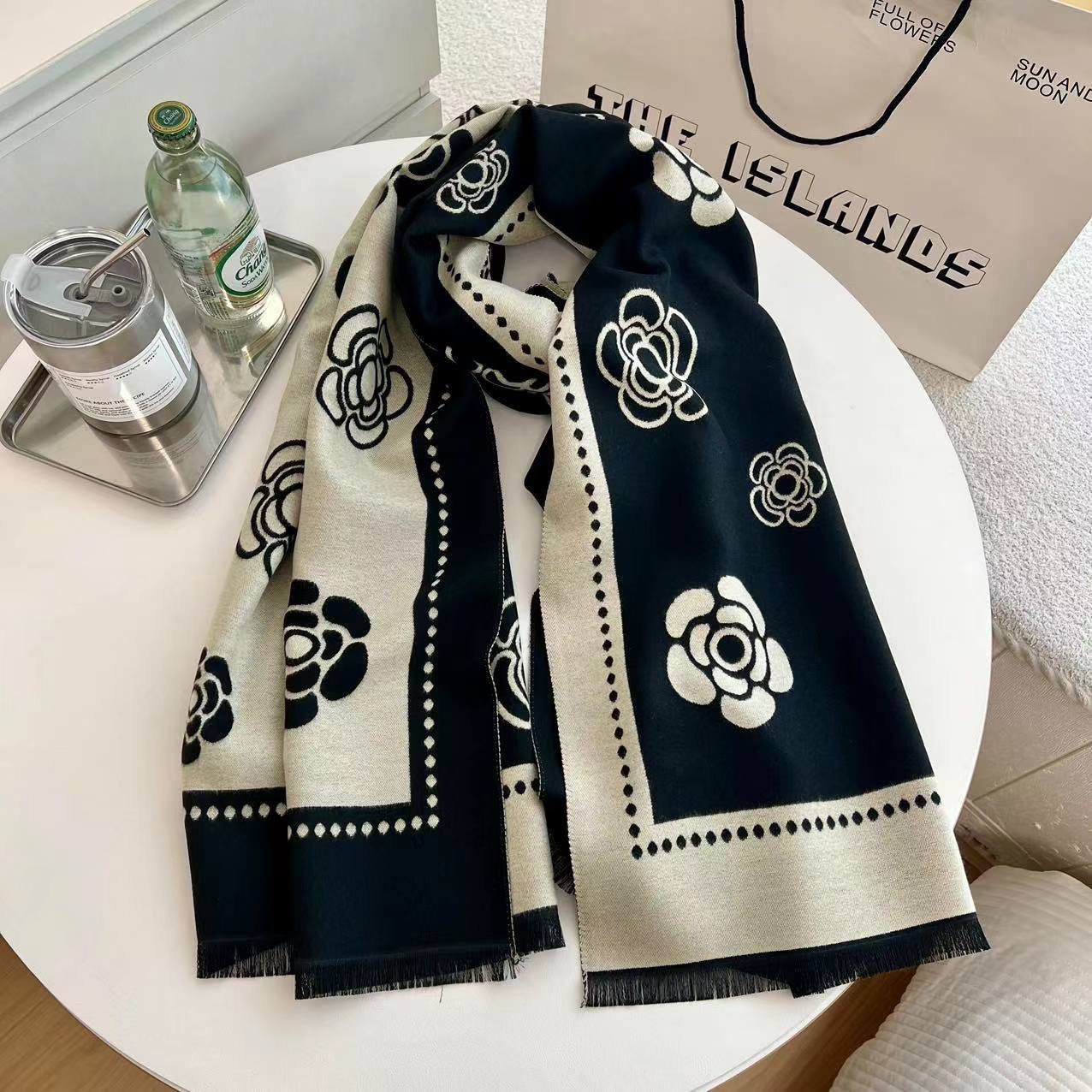 Classic Camellia Imitation Cashmere Scarf Autumn and Winter All-match Thickened Warm Scarf Shawl Small Chanel Style Cotton