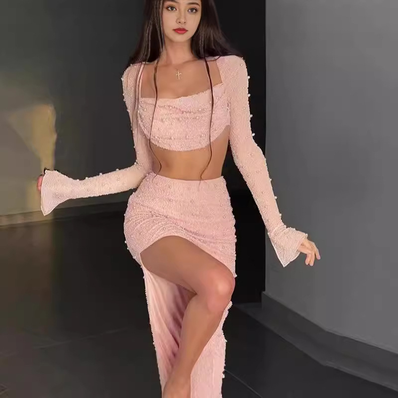 FY22396 Knitted Beaded Square Collar Long Sleeve Top Short Skirt suit Spring Women's Sexy Navel Skirt for Women