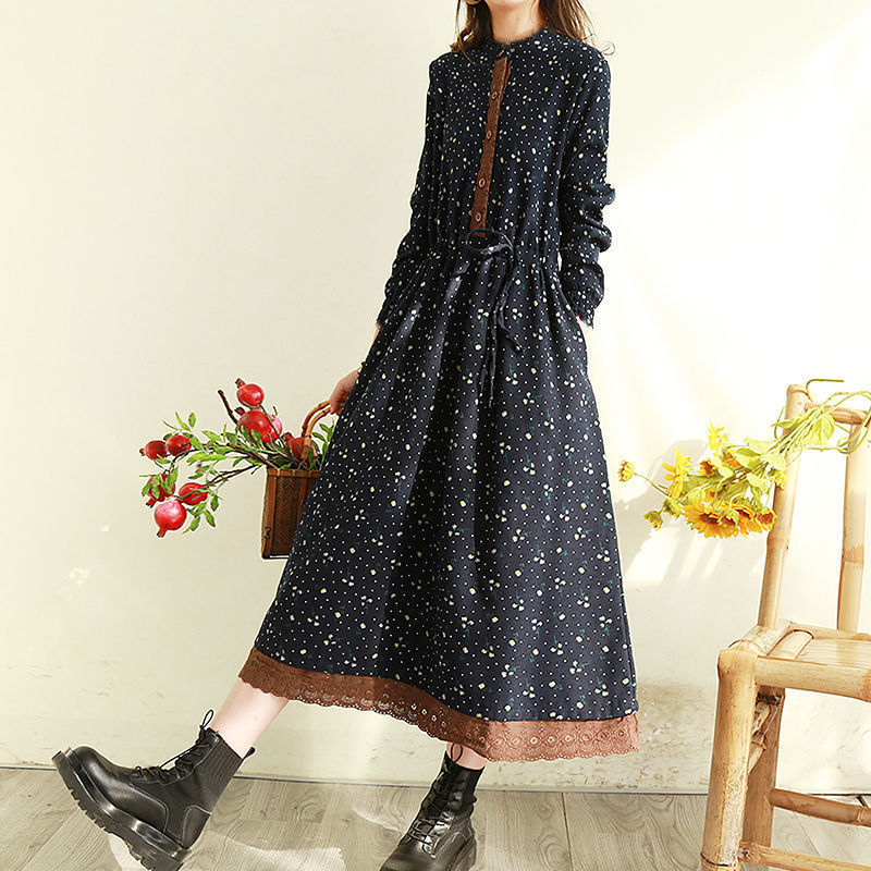 Autumn 2024 New Retro Style Floral dress Lace Edge Long Waisted Slimming Loose Mori Style Long Skirt