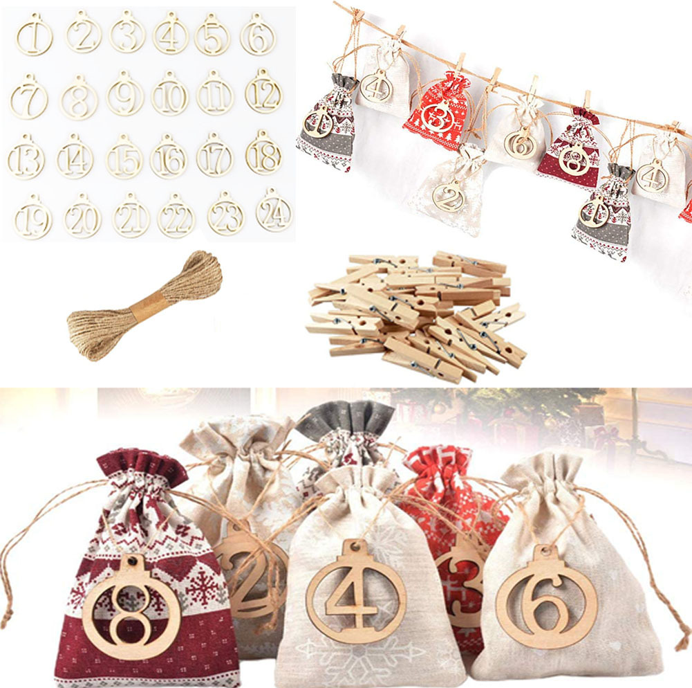 Christmas Advent Calendar Bag 24 Wooden Set Christmas Countdown Packaging Bag Candy Gift Bag Set Bag