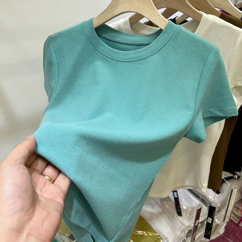 High-end Round Neck Mask Short-sleeved T-shirt Women's 2023 Summer New Korean-style Solid Color All-match Slim-fit Base Shirt Top