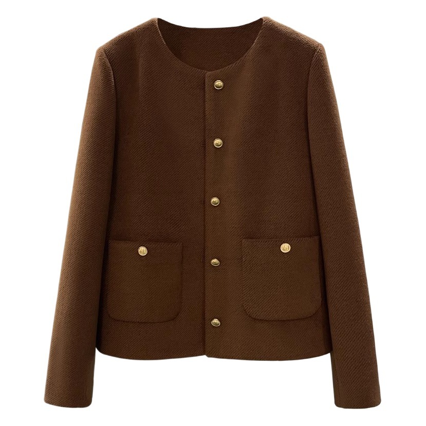 Dark Brown Short Woolen Niche Round Neck Jacket for Women 2024 New Autumn and Winter Light Mature Style High-End Simple Top