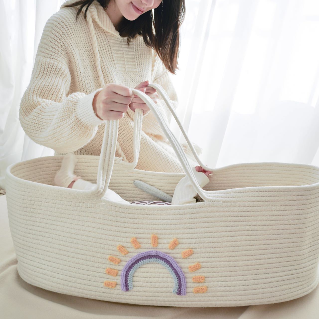 Newborn Outing Cotton Rope Woven Basket Baby Portable Foldableing Basket Multifunctional Bed Sleeping Basket Car