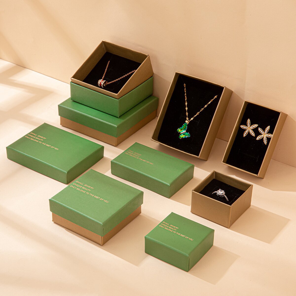 Classic Green Gold Jewelry Necklace Box Ins Style Jewelry Packaging Box Ring Bracelet Box Heaven and Earth Cover Gift Box