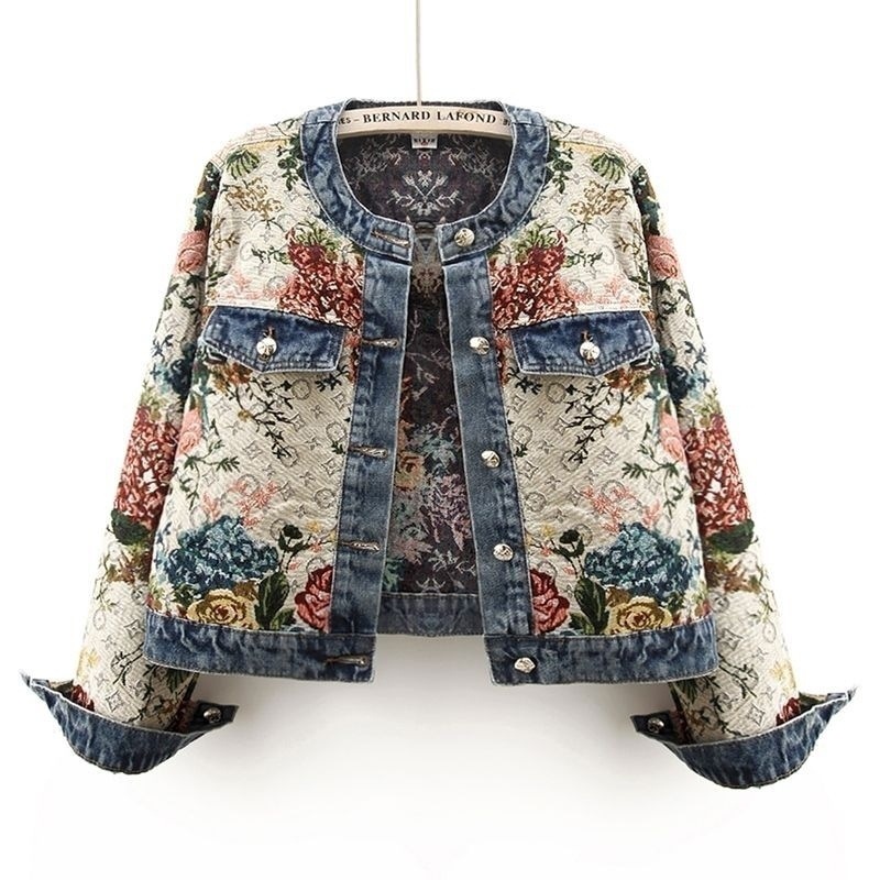2025 Spring New Vintage Jacquard Long Sleeve Round Neck Denim Jacket Women's Short Versatile Petite Top Jacket
