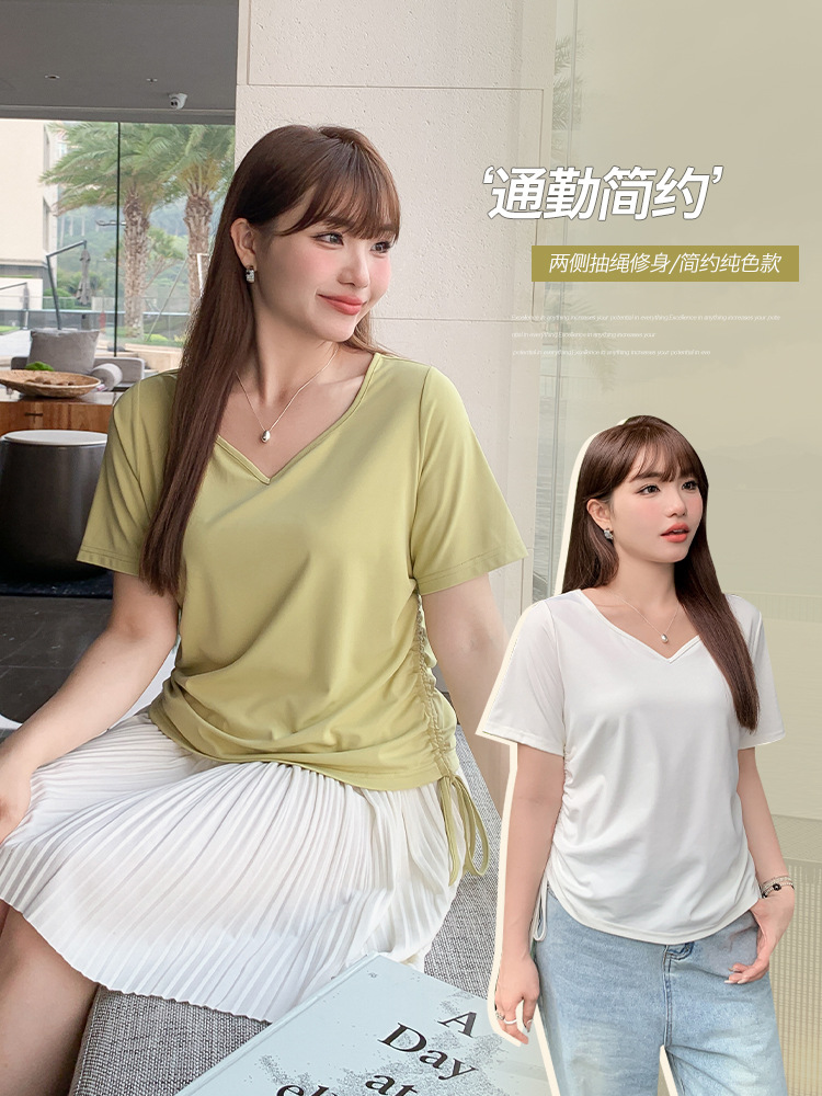 Solid Color Peach Heart V Neck Right Shoulder Drawstring Slim T-Shirt Women's Summer Large Size Fat mm Slim Short-Sleeved Top 63233