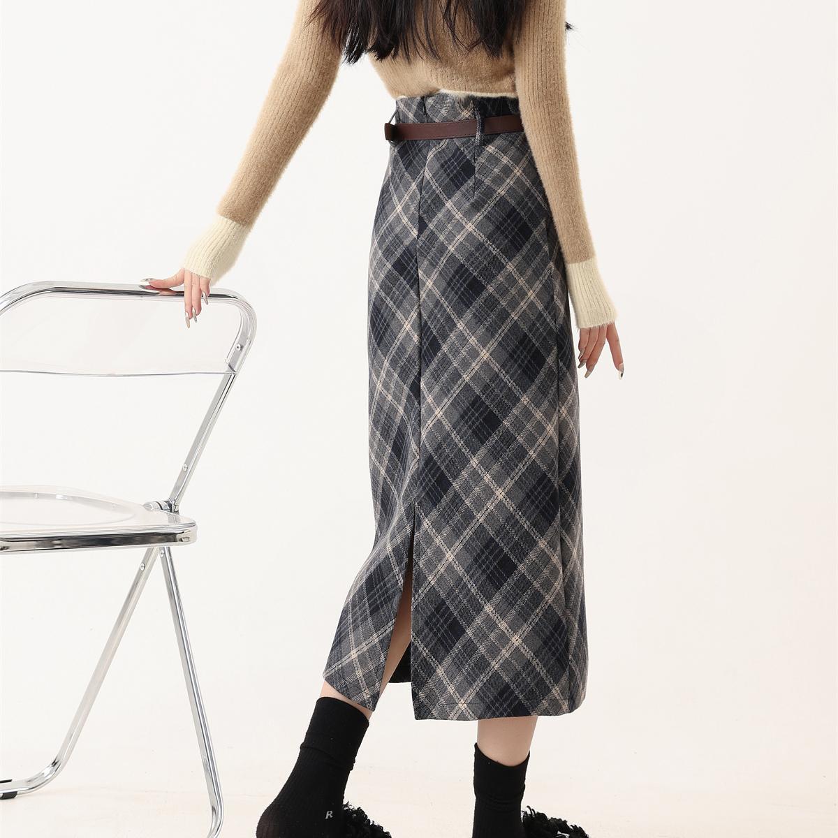 plus size chubby girl Plaid Skirt Women's 2024 Autumn and Winter Thickened Pear-shaped Body Slight Chubby Long Skirt Woolen A- line Skirt
