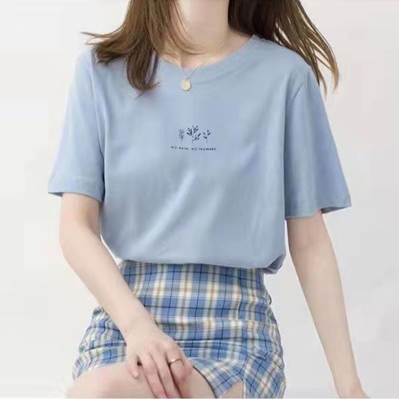 Picture of Short-sleeved Korean-style Round Neck T-shirt Women's Summer Loose Plant-printed Casual Solid Color Hot Student's Half-sleeved Top