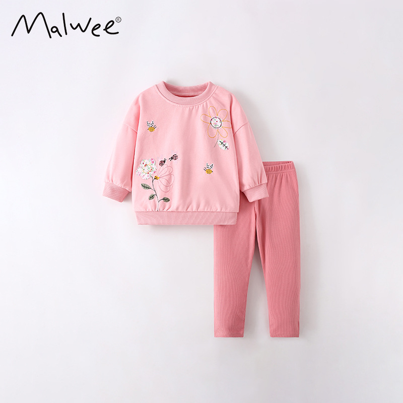 malwee girls' suit autumn and winter new European and American children's round neck long sleeve elastic waist pants children's two-piece set