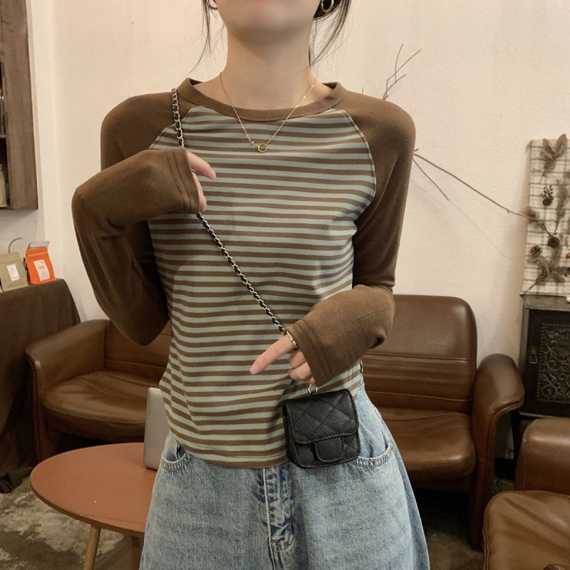 Korean style chic contrast color striped T-shirt Women's inner wear 2023 spring new long sleeve bottoming shirt slim short top