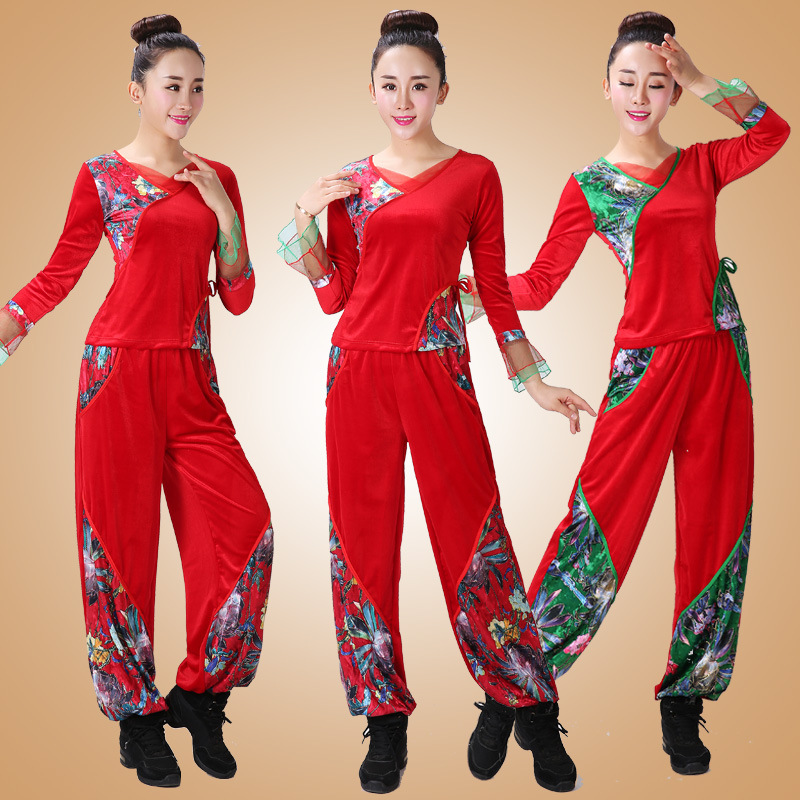 Golden Velvet Square Dance Costume New Suit Autumn and Winter Women's Long Sleeve Performance Middle-aged and Elderly Skirt Pants Adult