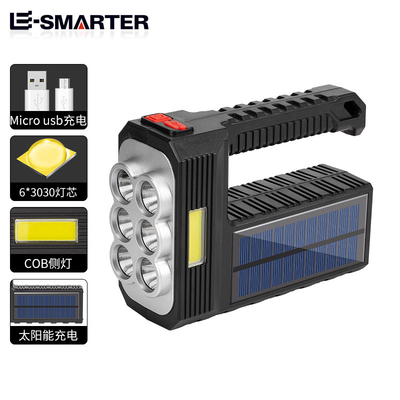 Cross-border new strong flashlight solar rechargeable multifunctional super bright portable LED outdoor Searchlight