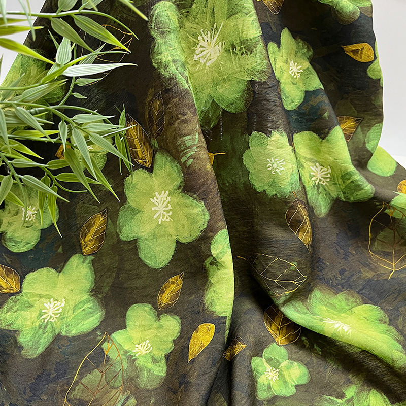Green digital printed fabric brocade cotton fabric new Chinese cheongsam dress top Hanfu handmade DIY fabric
