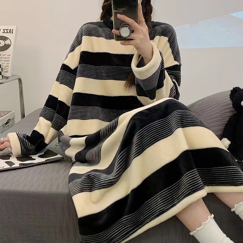 Striped Nightdress autumn and winter pajamas girl round neck flannel sweet cute warm coral fleece plus size homewear