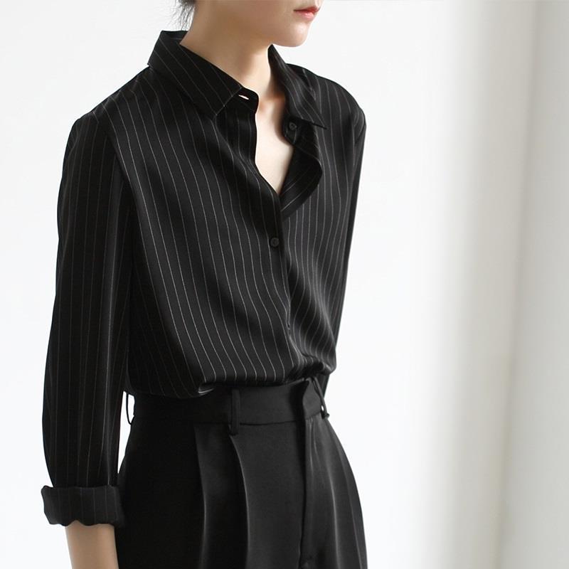 Picture of Chic black shirt women's new early autumn top design sense niche drape French vertical striped shirt Women's