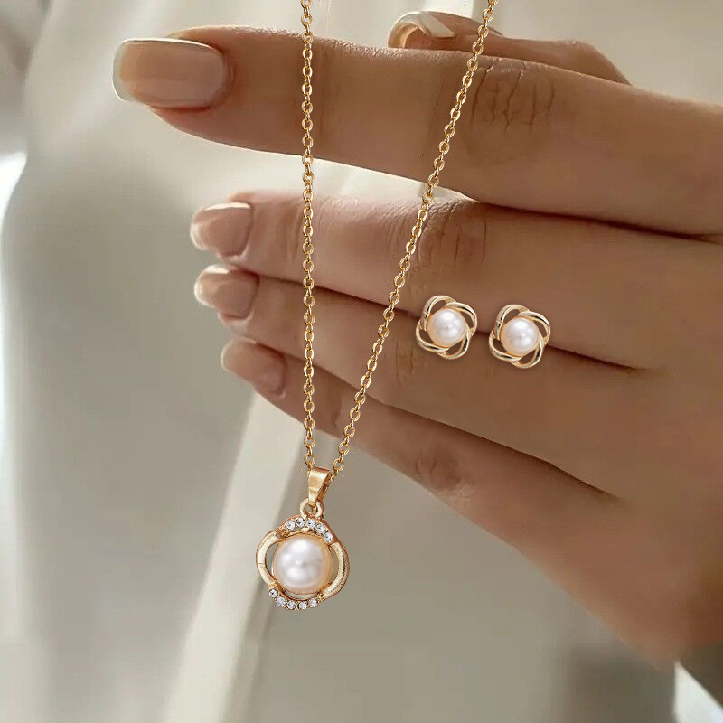 Picture of Cross-border European and American New Pendant Jewelry Necklace Temperament Design Sense Light Luxury Earrings Necklace Imitation Pearl Jewelry suit