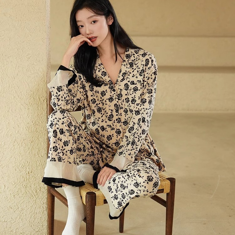 Online celebrity lace pajamas Women's Spring and Autumn new long sleeve home wear retro style girl sexy plus size suit