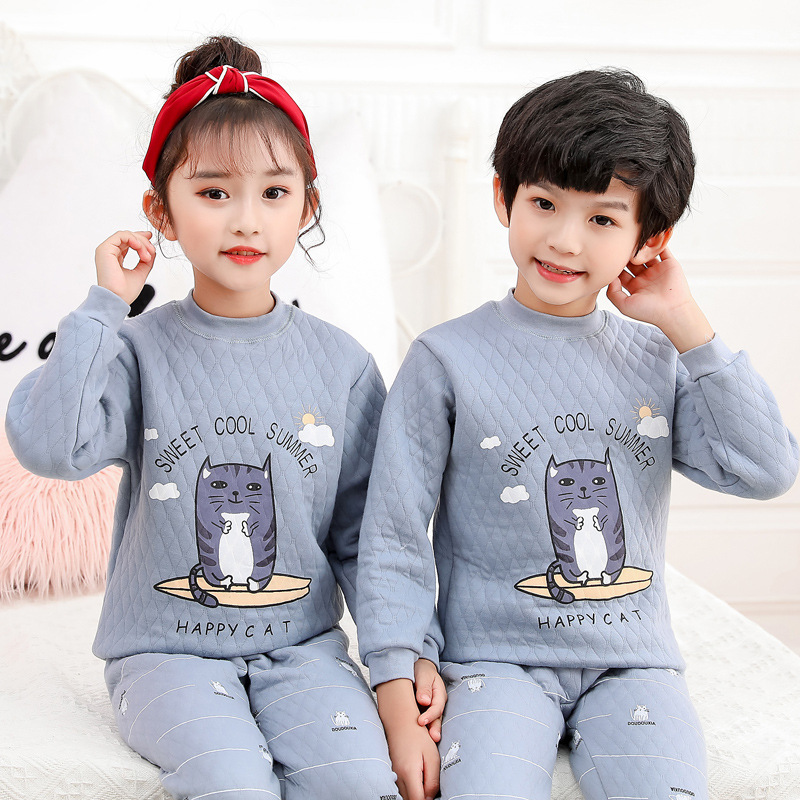 Picture of Winter new children's underwear quilted three-layer warm thickened suit half collar children's hollow cotton autumn clothes long pants
